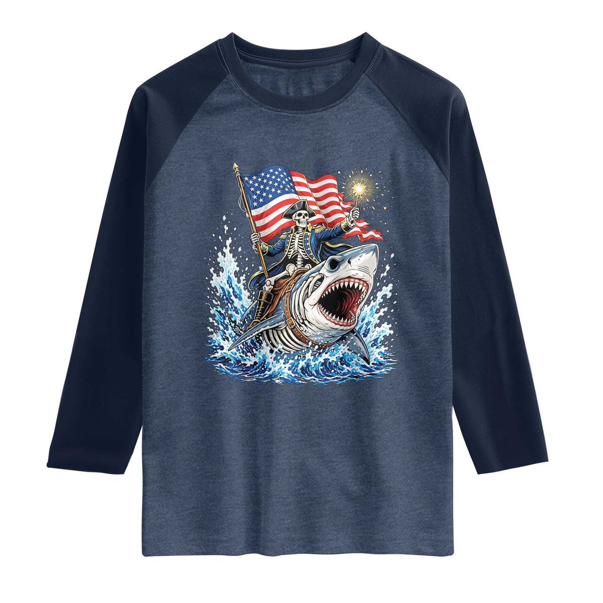 Patriotic Skeleton Pirate Riding Shark Raglan Shirt American Ocean Pride