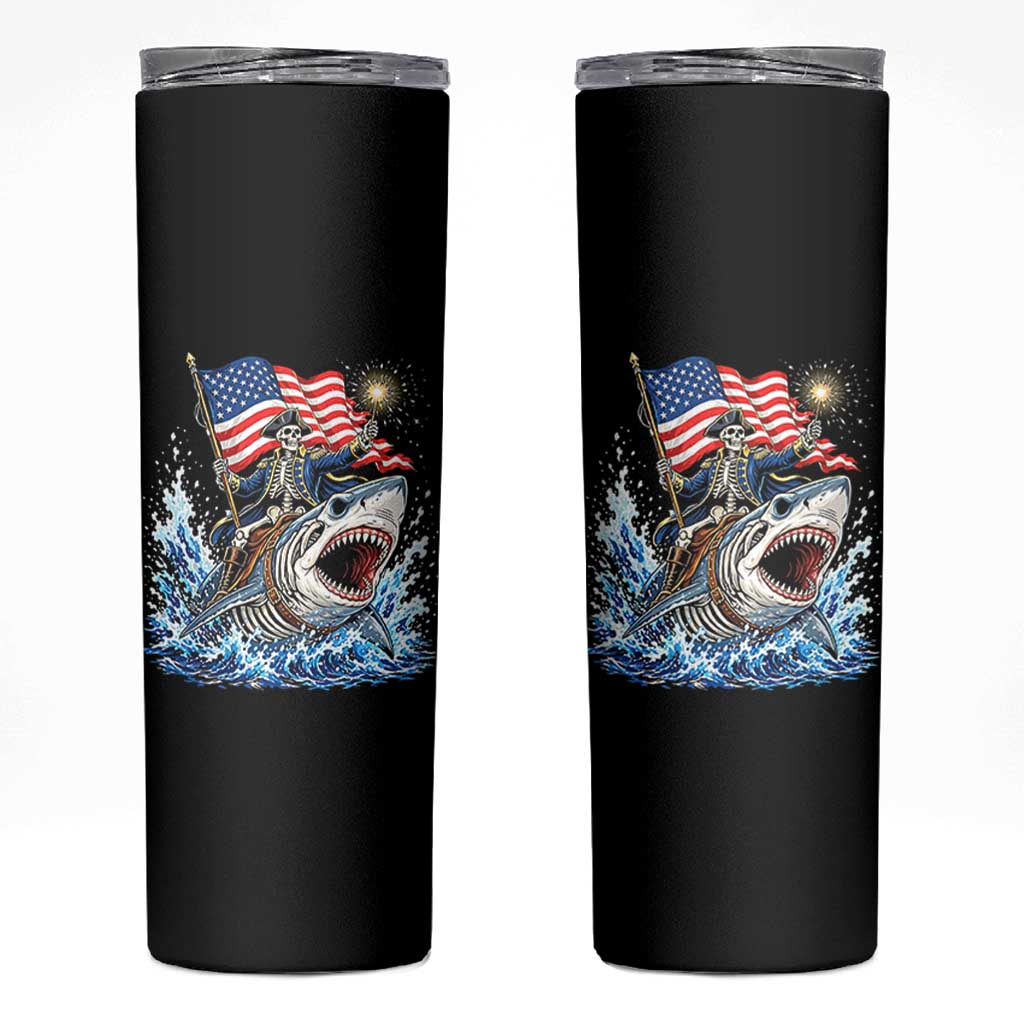 Patriotic Skeleton Pirate Riding Shark Skinny Tumbler American Ocean Pride