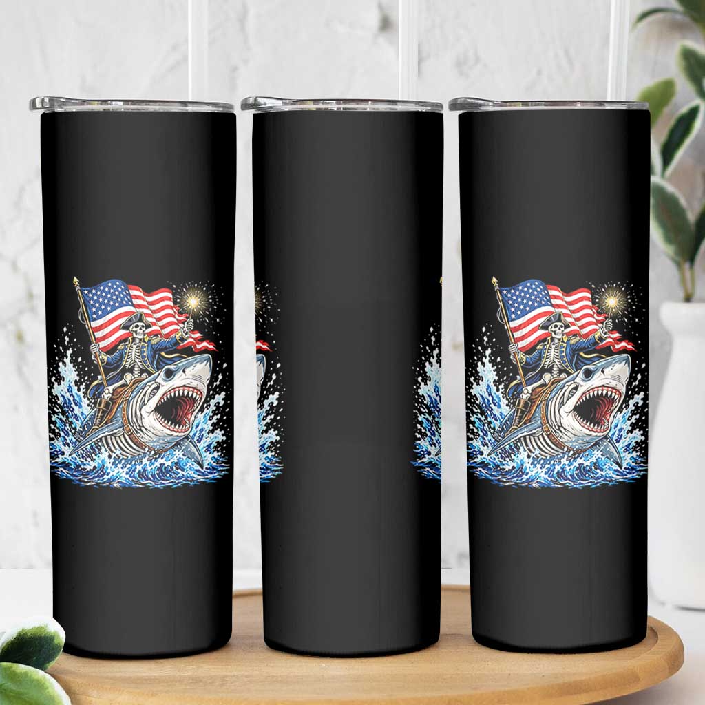 Patriotic Skeleton Pirate Riding Shark Skinny Tumbler American Ocean Pride
