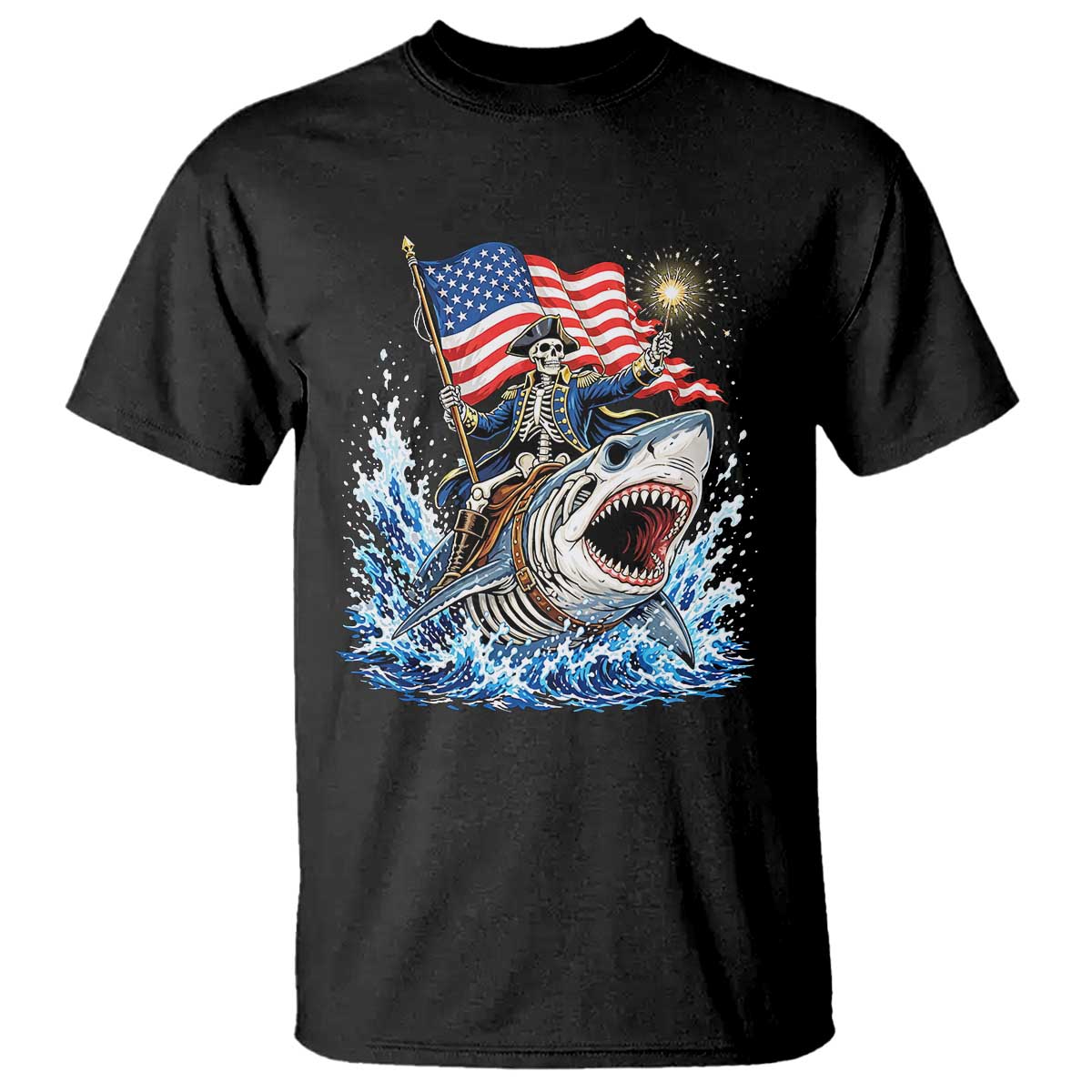 Patriotic Skeleton Pirate Riding Shark T Shirt American Ocean Pride