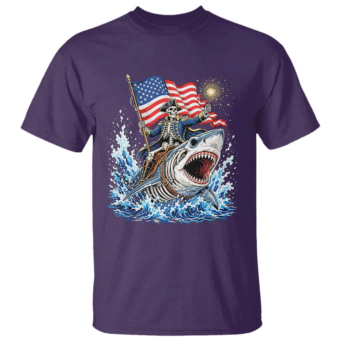 Patriotic Skeleton Pirate Riding Shark T Shirt American Ocean Pride