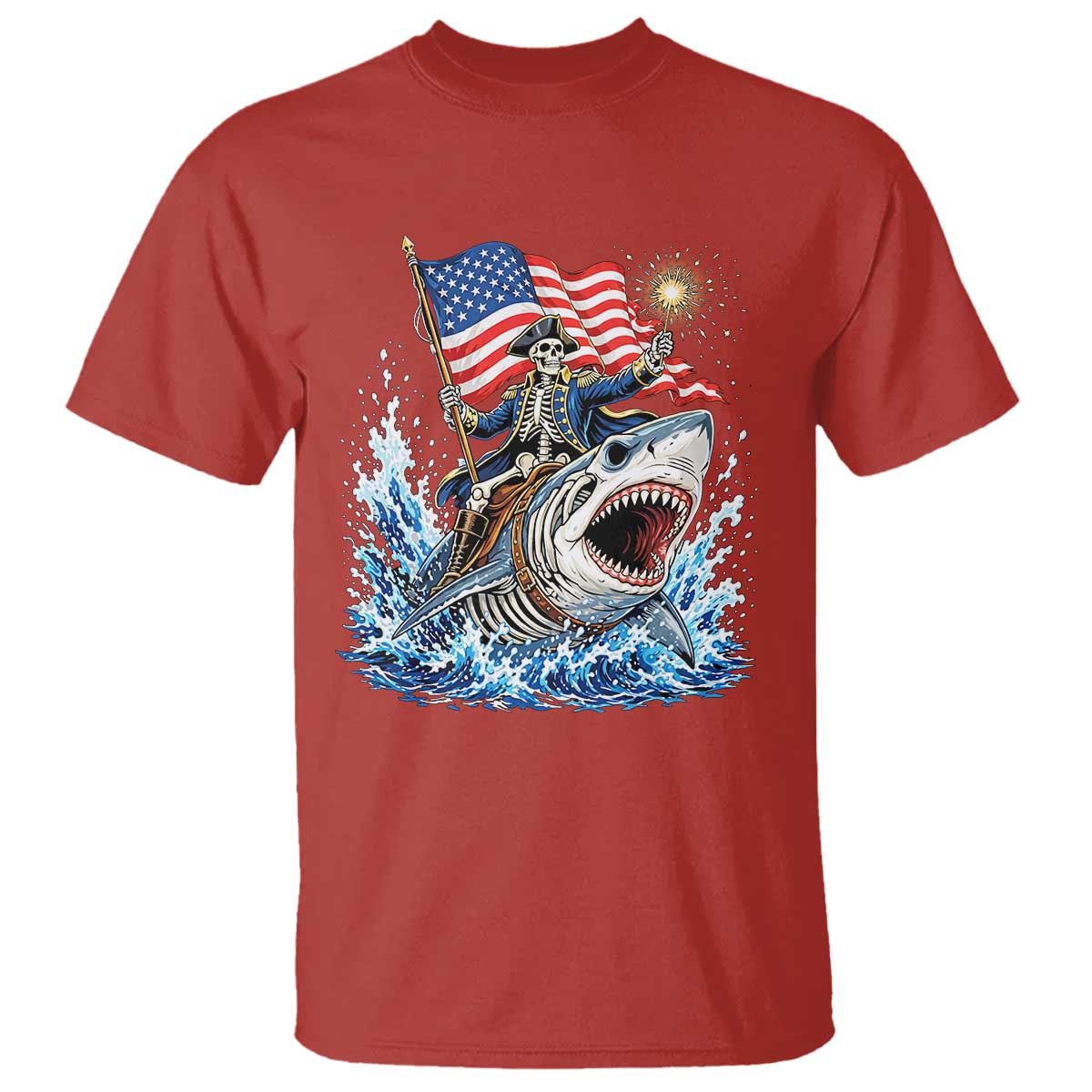Patriotic Skeleton Pirate Riding Shark T Shirt American Ocean Pride