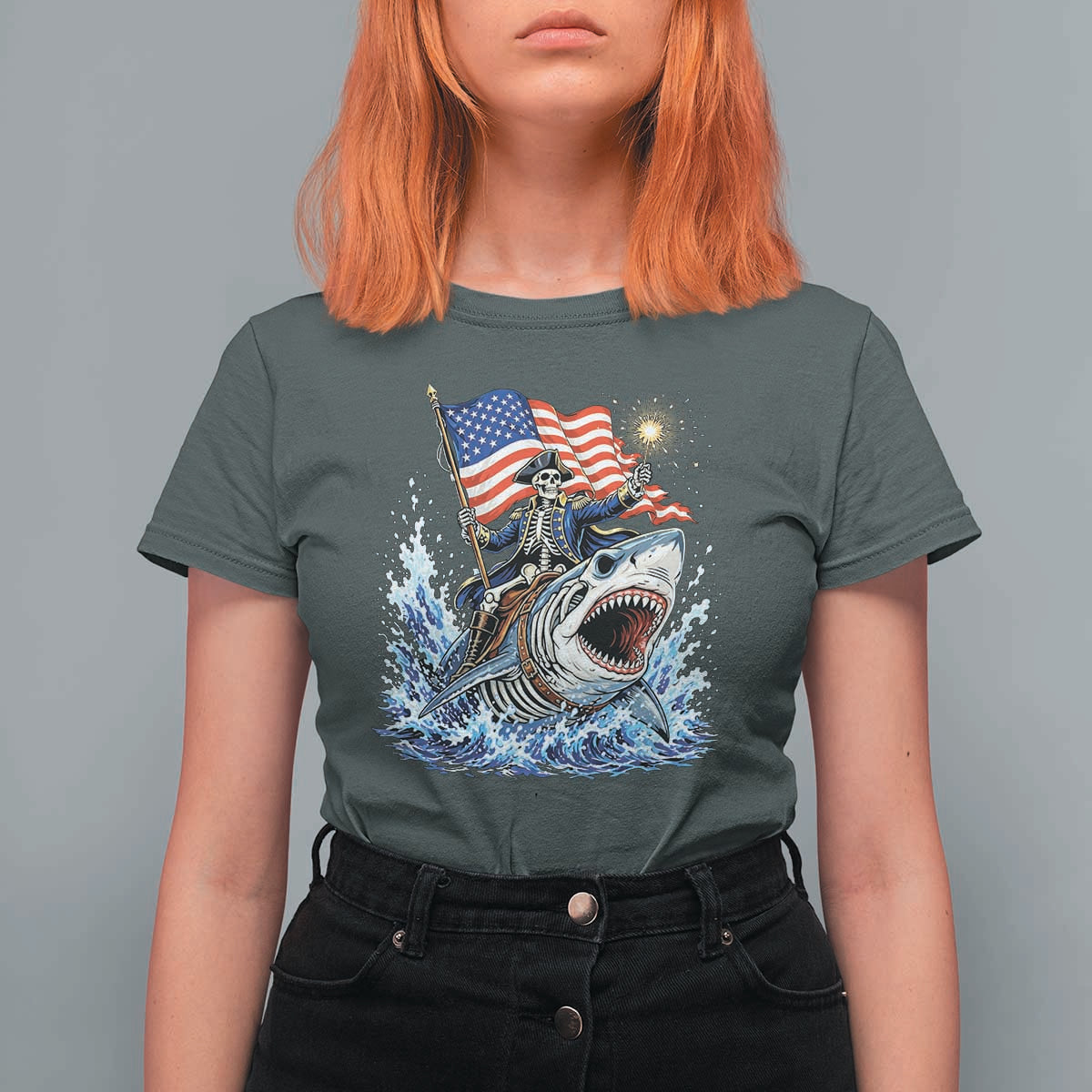 Patriotic Skeleton Pirate Riding Shark T Shirt For Women American Ocean Pride