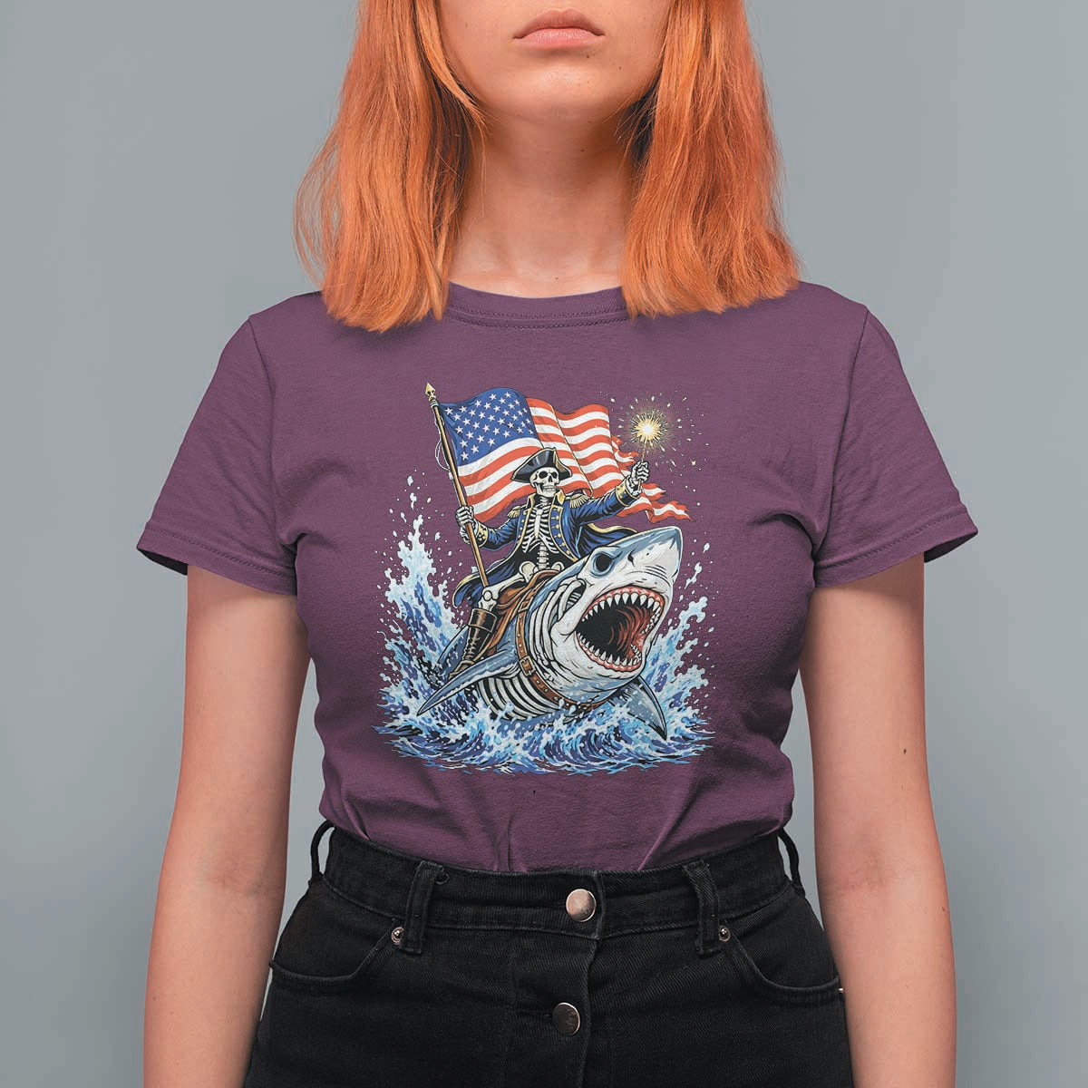 Patriotic Skeleton Pirate Riding Shark T Shirt For Women American Ocean Pride