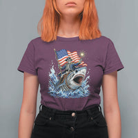 Patriotic Skeleton Pirate Riding Shark T Shirt For Women American Ocean Pride