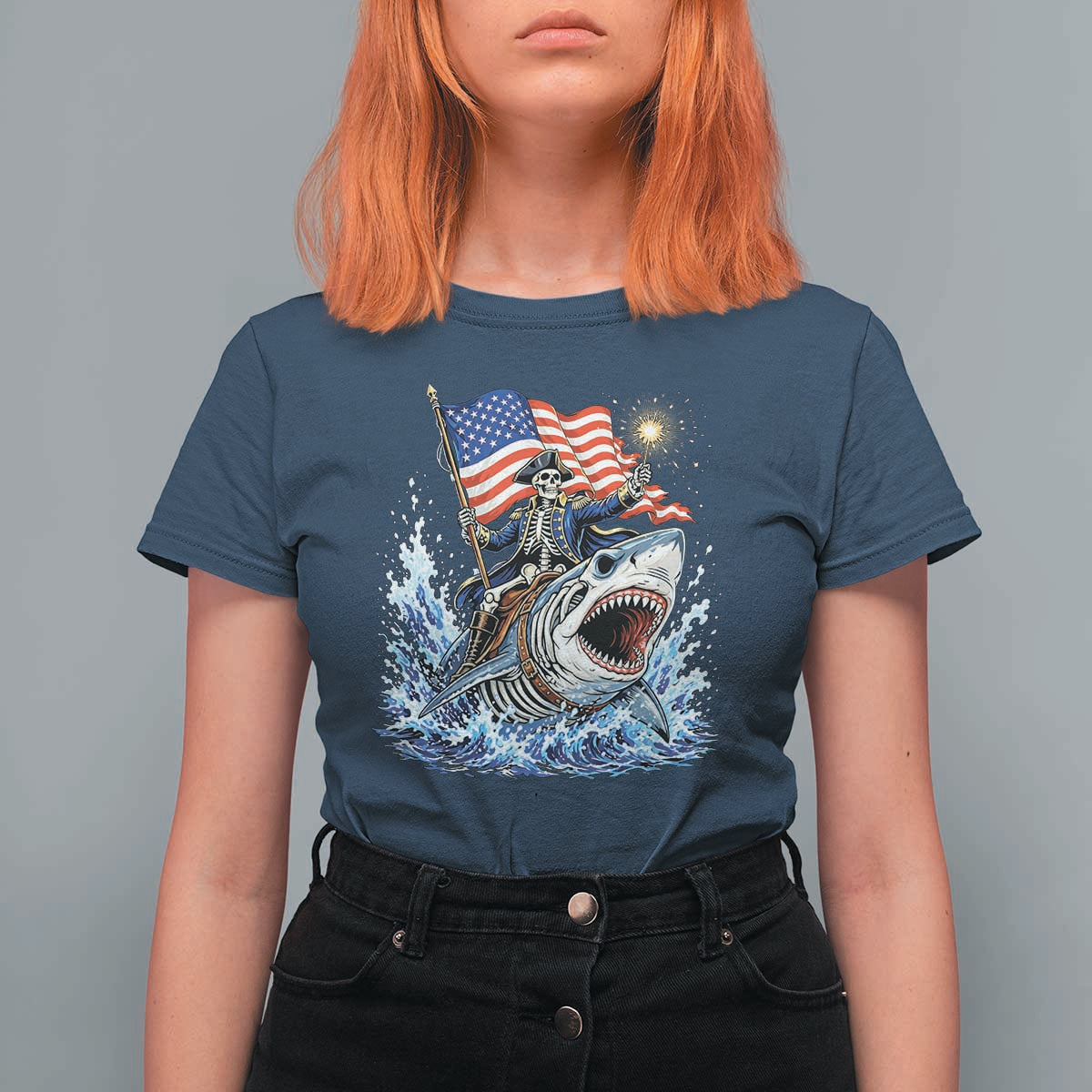 Patriotic Skeleton Pirate Riding Shark T Shirt For Women American Ocean Pride