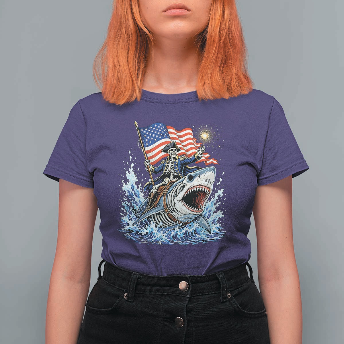 Patriotic Skeleton Pirate Riding Shark T Shirt For Women American Ocean Pride