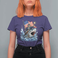 Patriotic Skeleton Pirate Riding Shark T Shirt For Women American Ocean Pride