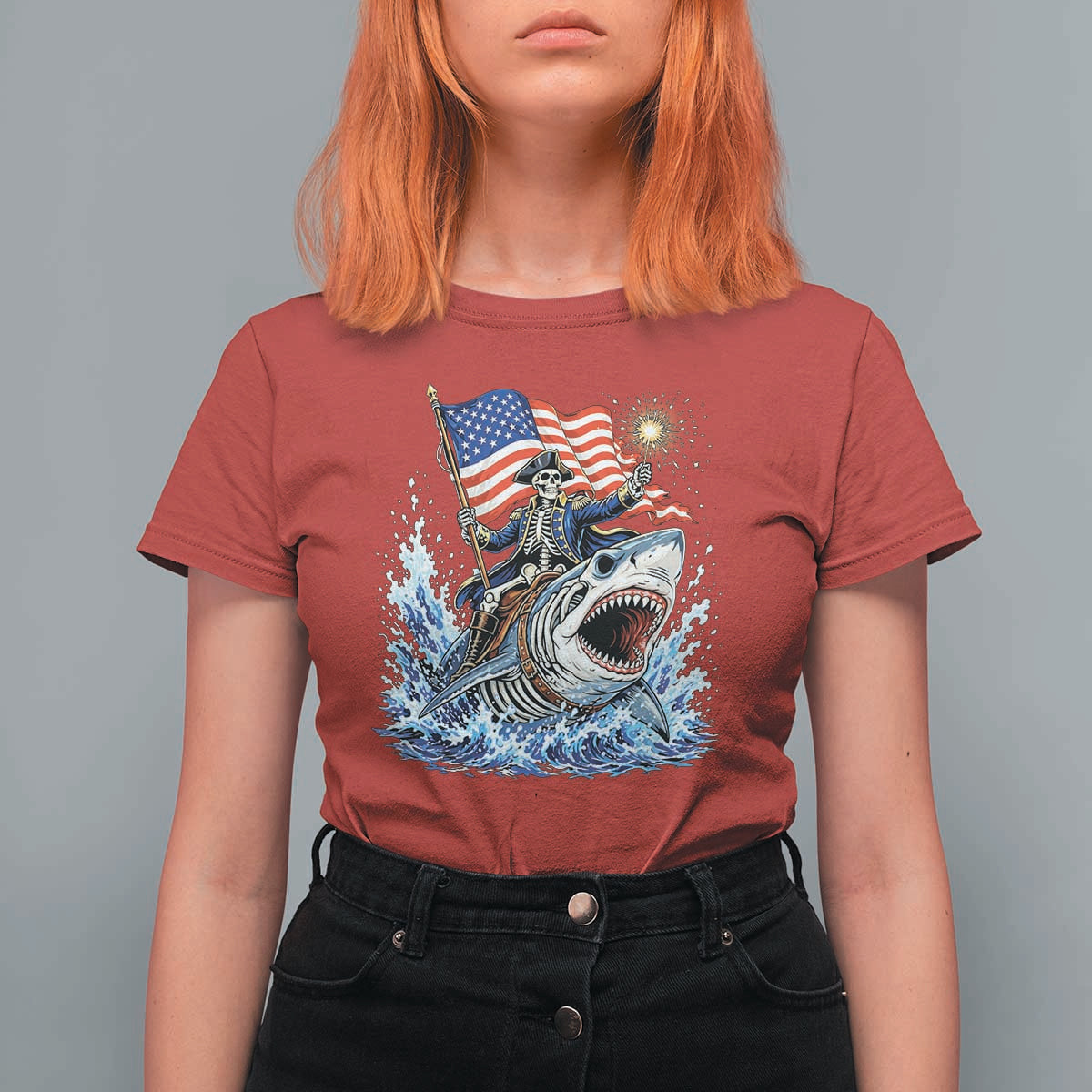 Patriotic Skeleton Pirate Riding Shark T Shirt For Women American Ocean Pride
