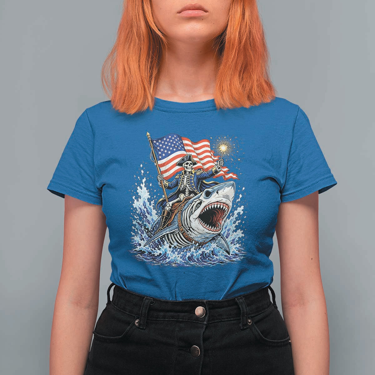 Patriotic Skeleton Pirate Riding Shark T Shirt For Women American Ocean Pride