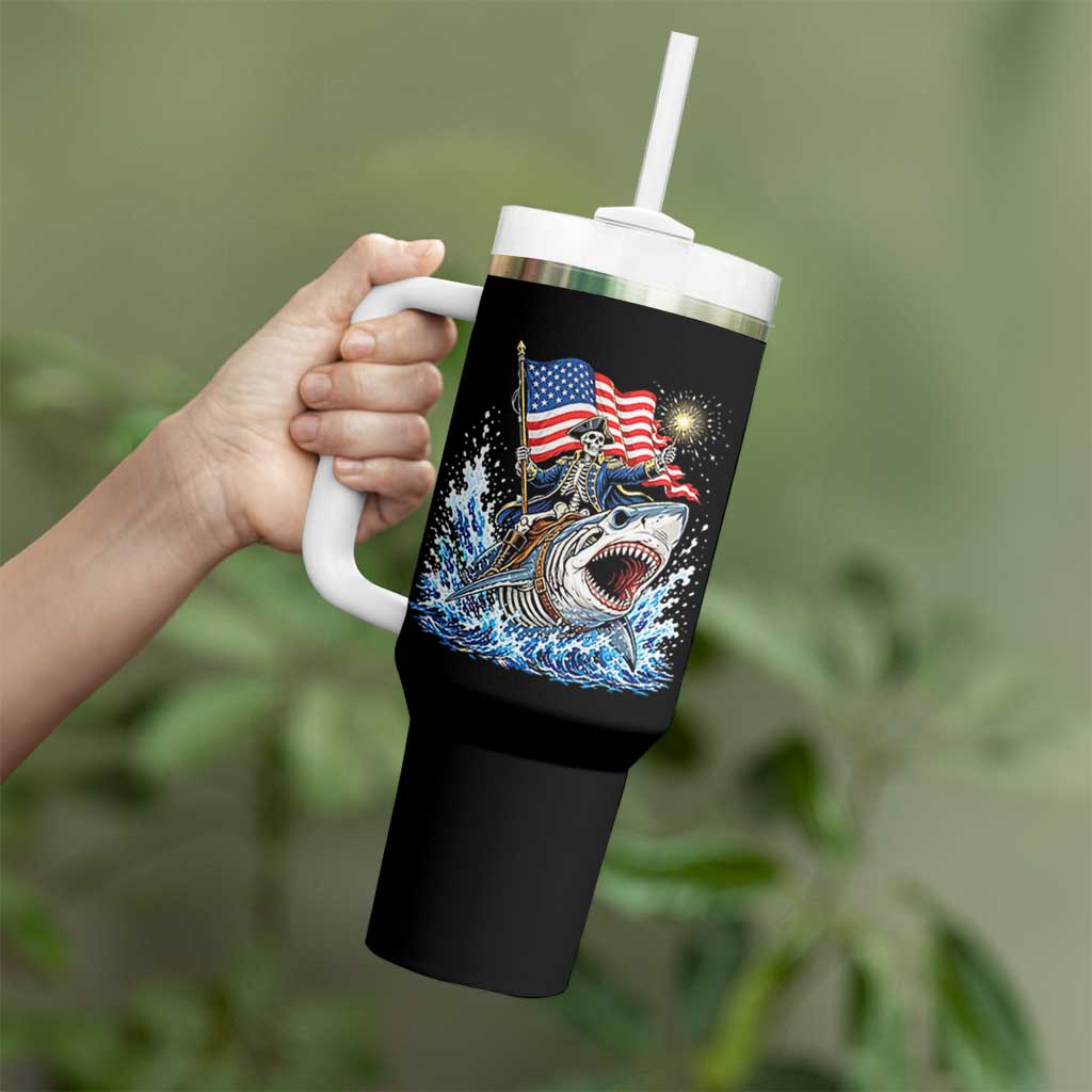 Patriotic Skeleton Pirate Riding Shark Tumbler With Handle American Ocean Pride