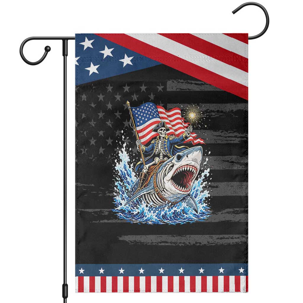 Funny Skeleton Pirate Riding Shark Patriotic Garden Flag American Ocean Pride