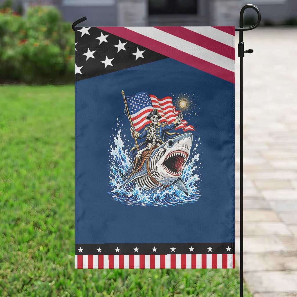 Funny Skeleton Pirate Riding Shark Patriotic Garden Flag American Ocean Pride