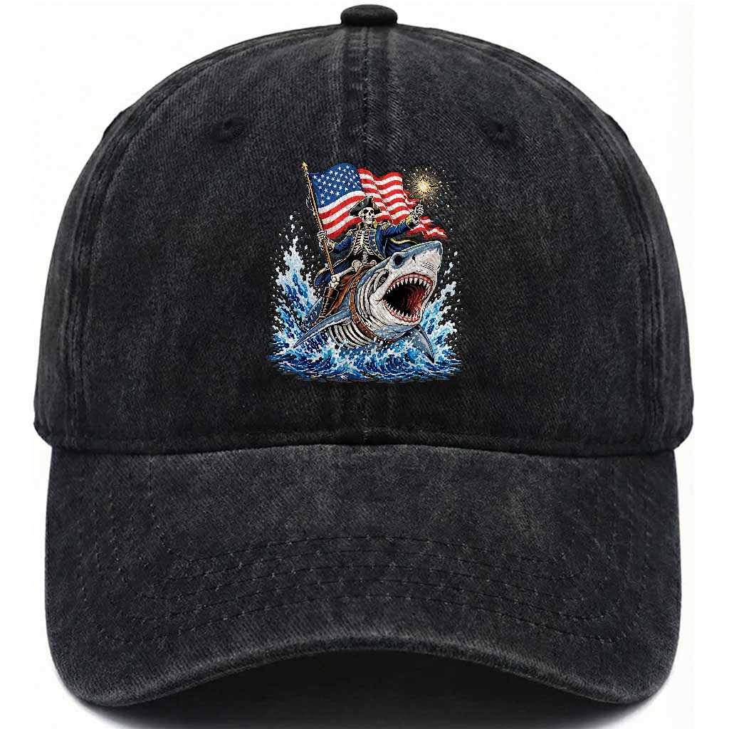 Patriotic Skeleton Pirate Riding Shark Washed Cotton Baseball Cap American Ocean Pride