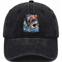 Patriotic Skeleton Pirate Riding Shark Washed Cotton Baseball Cap American Ocean Pride
