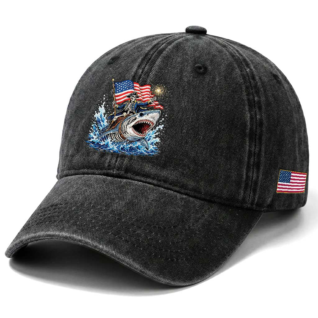 Patriotic Skeleton Pirate Riding Shark Washed Cotton Baseball Cap American Ocean Pride