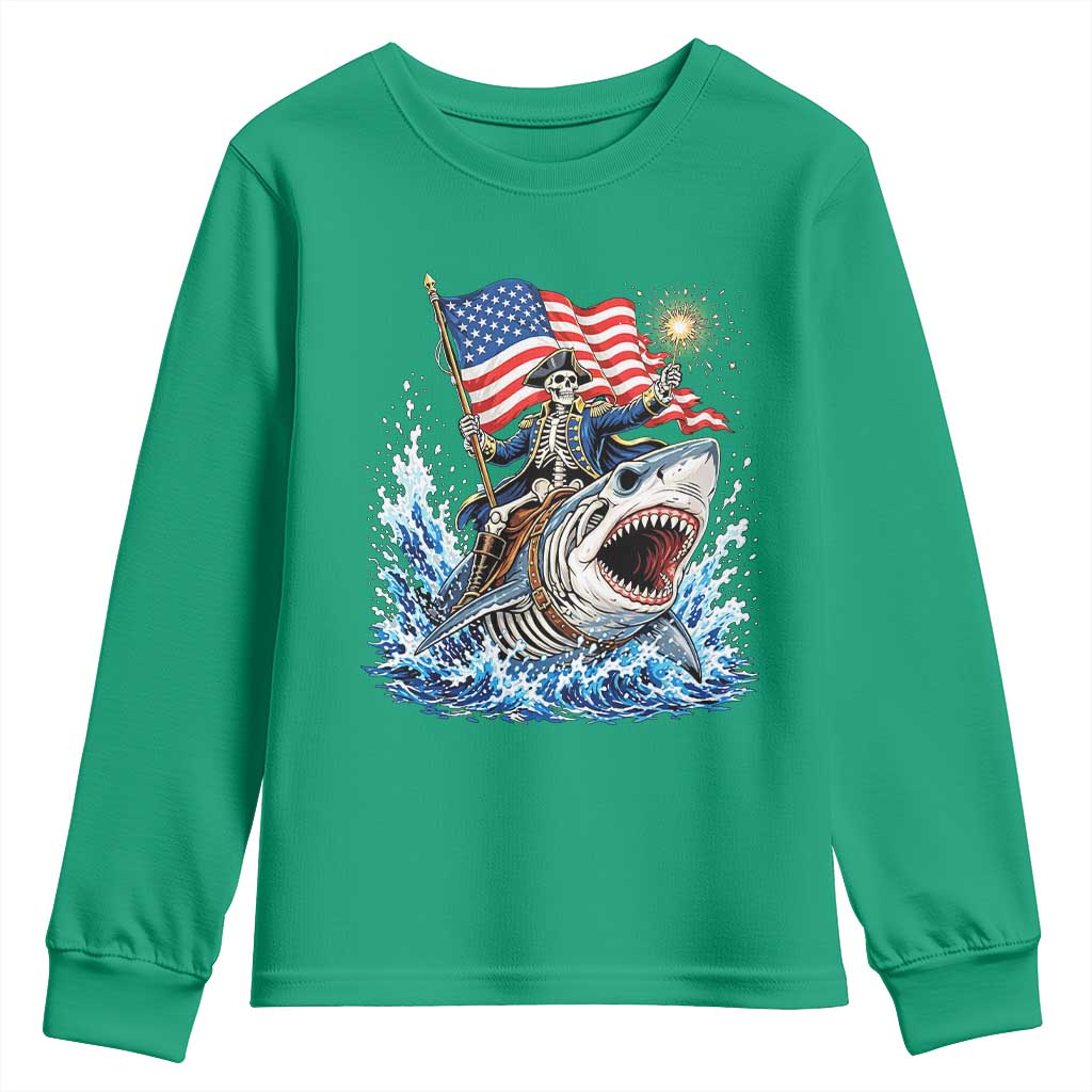 Patriotic Skeleton Pirate Riding Shark Youth Sweatshirt American Ocean Pride