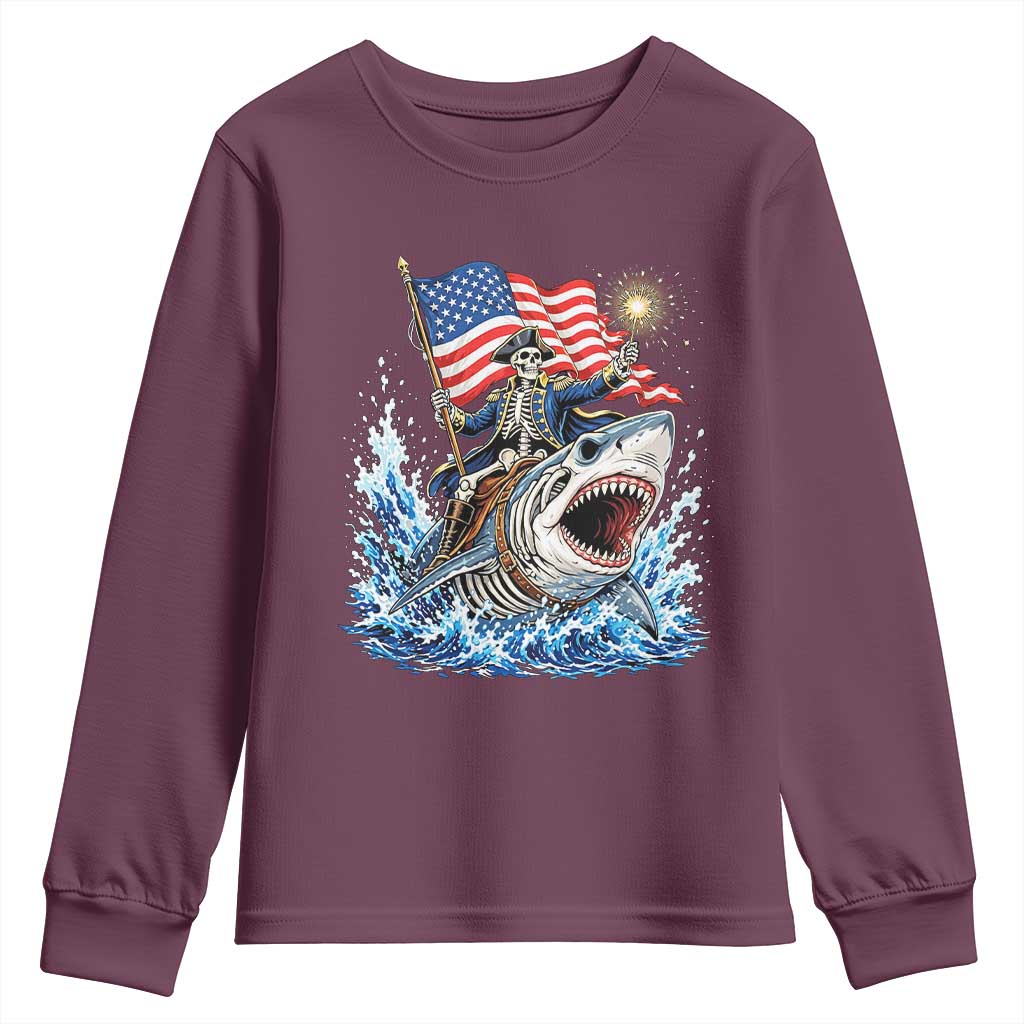 Patriotic Skeleton Pirate Riding Shark Youth Sweatshirt American Ocean Pride