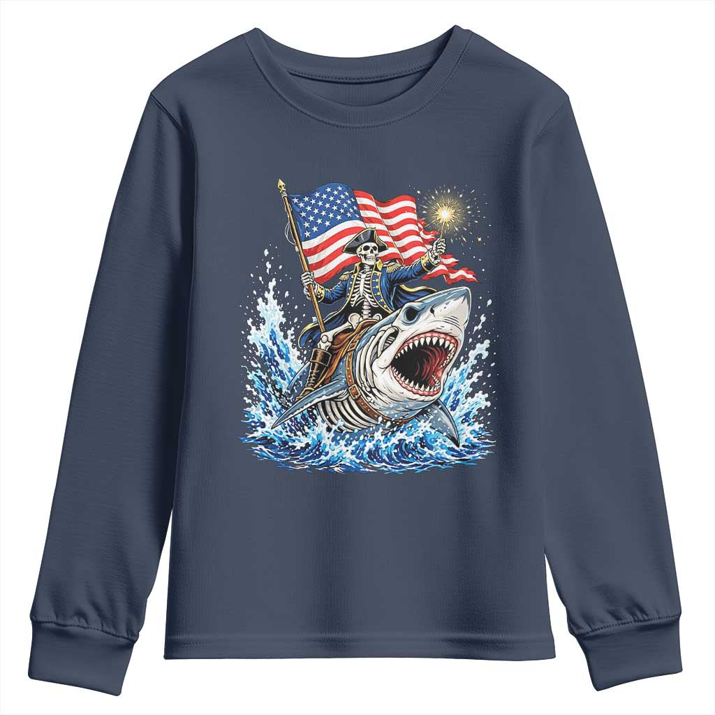 Patriotic Skeleton Pirate Riding Shark Youth Sweatshirt American Ocean Pride