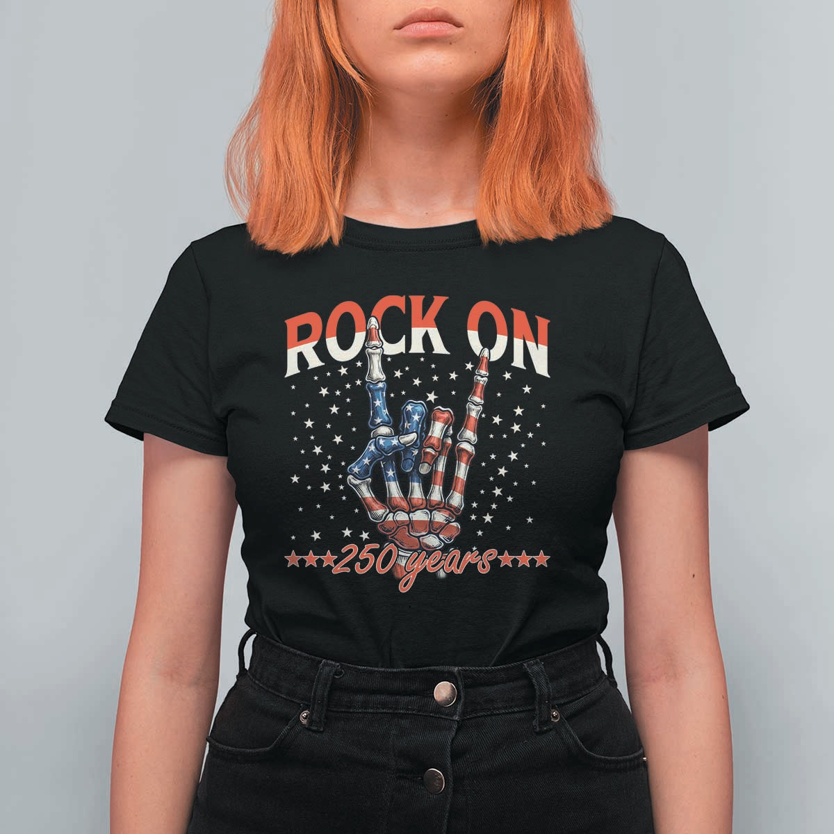 Patriotic Rocker Skeleton Hand T Shirt For Women Rock On 250 Years