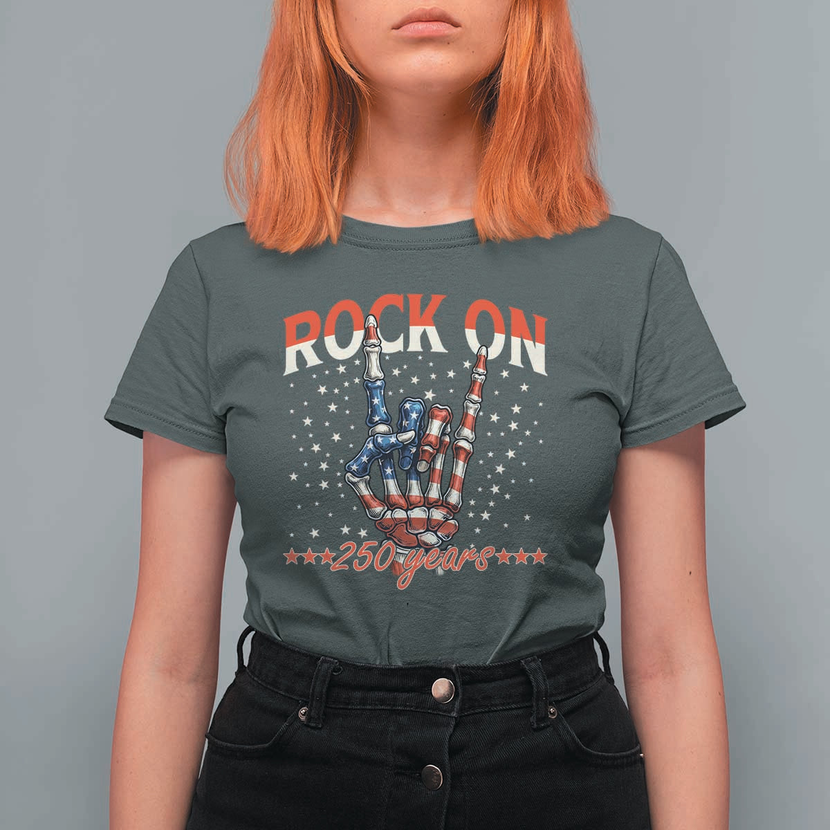 Patriotic Rocker Skeleton Hand T Shirt For Women Rock On 250 Years