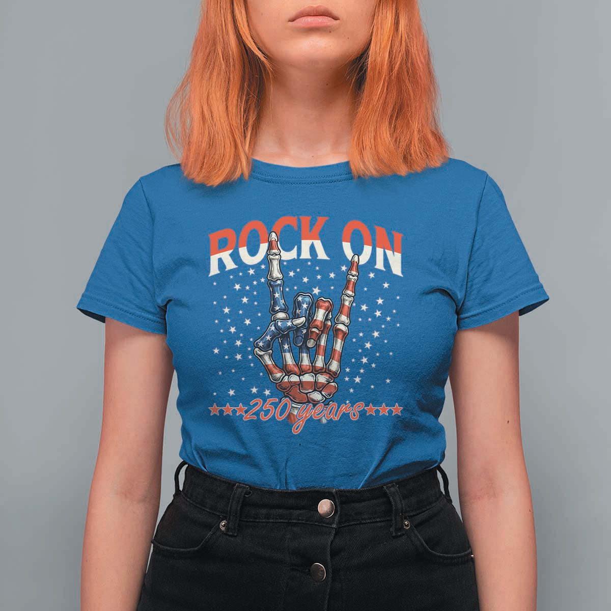 Patriotic Rocker Skeleton Hand T Shirt For Women Rock On 250 Years