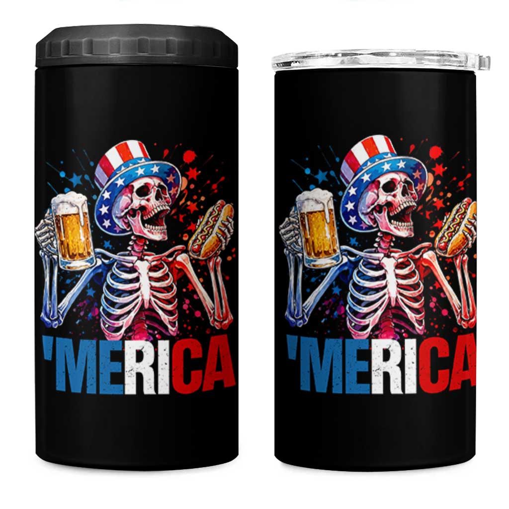 Red White And Blue Skeleton Party 4 in 1 Can Cooler Tumbler American Freedom Vibes
