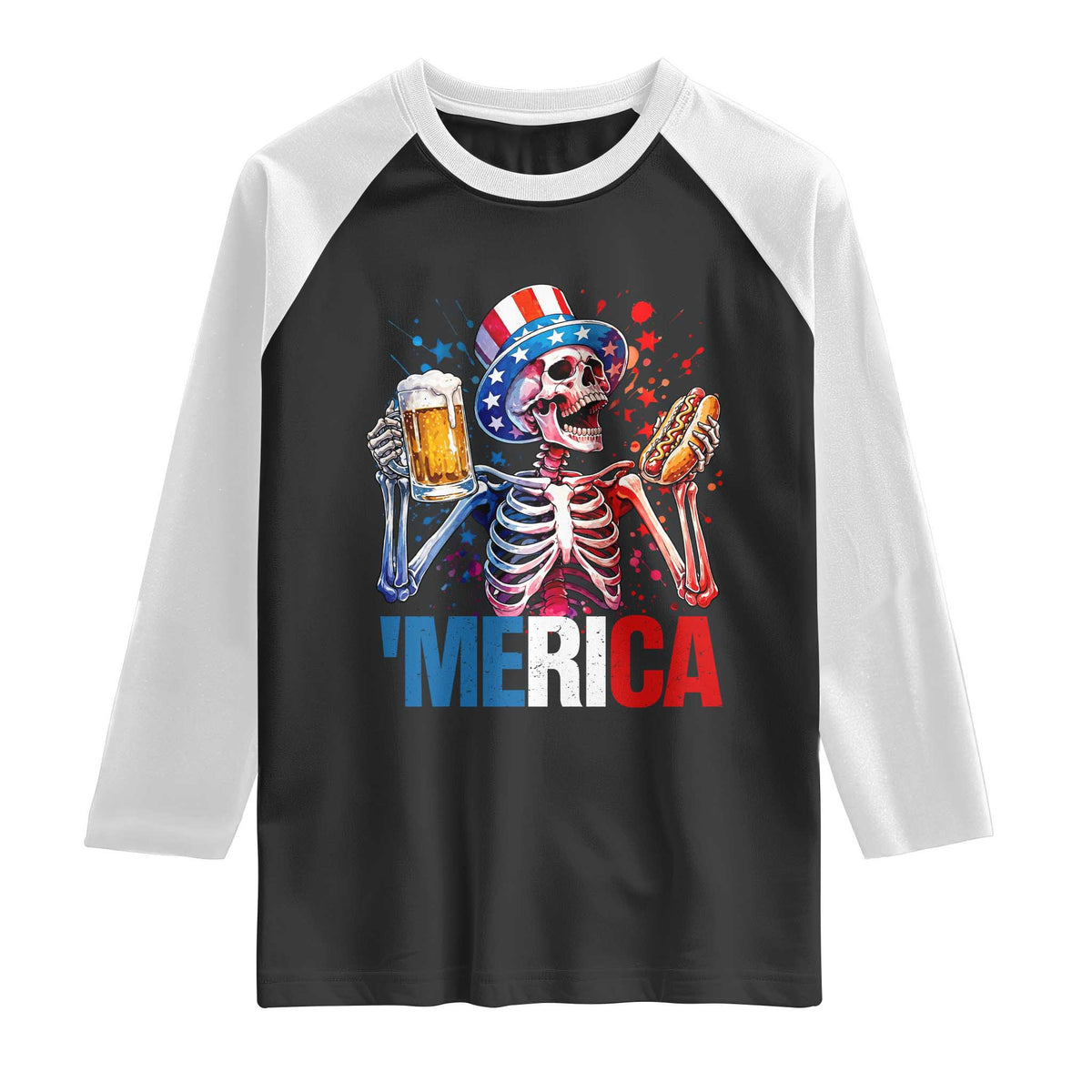 Red White And Blue Skeleton Party Raglan Shirt American Freedom Vibes