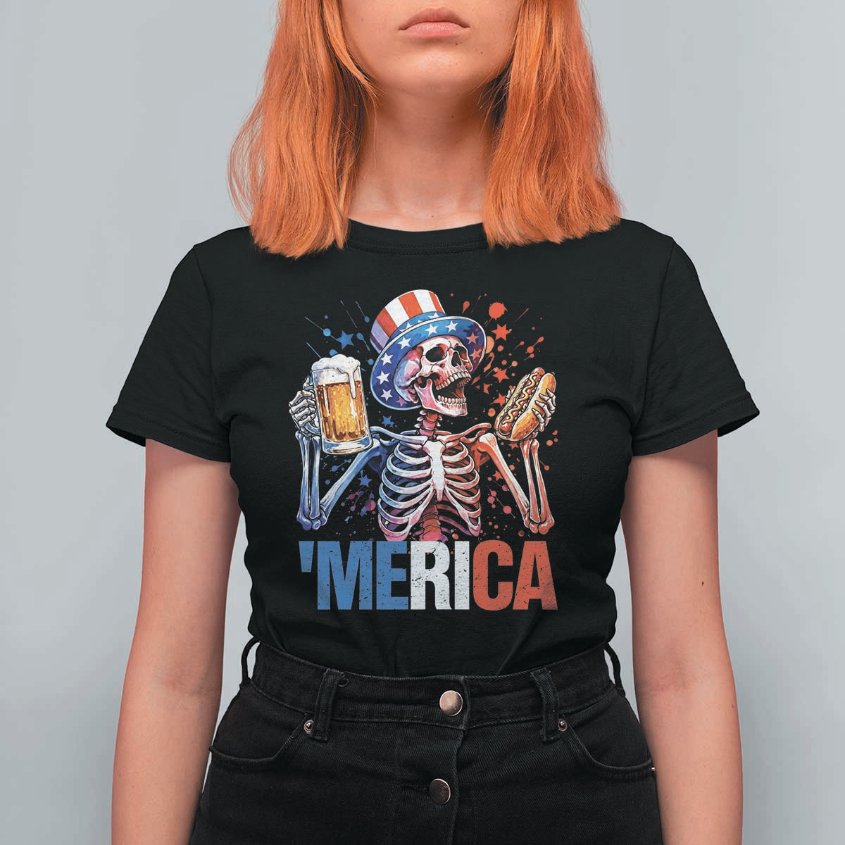 Red White And Blue Skeleton Party T Shirt For Women American Freedom Vibes