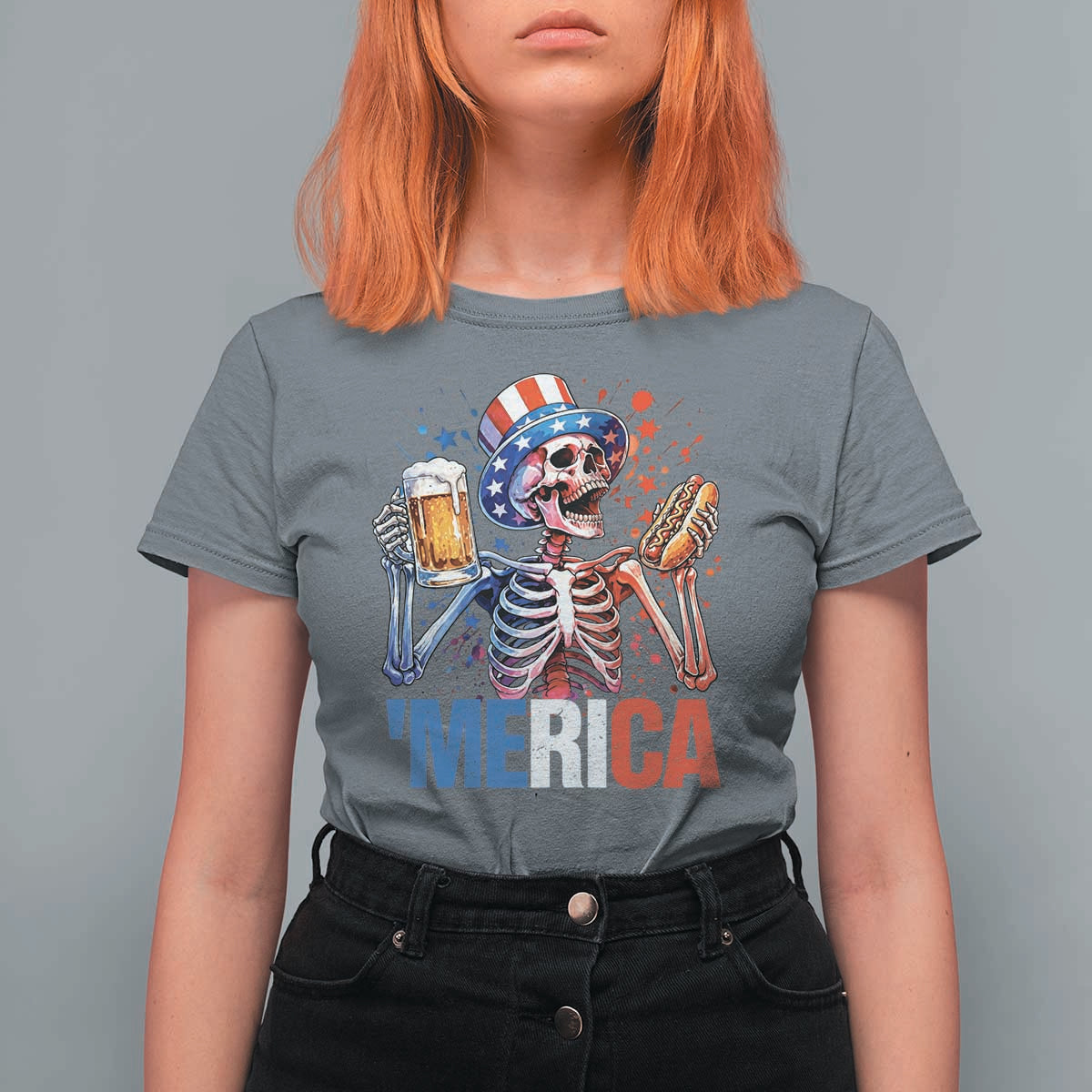 Red White And Blue Skeleton Party T Shirt For Women American Freedom Vibes
