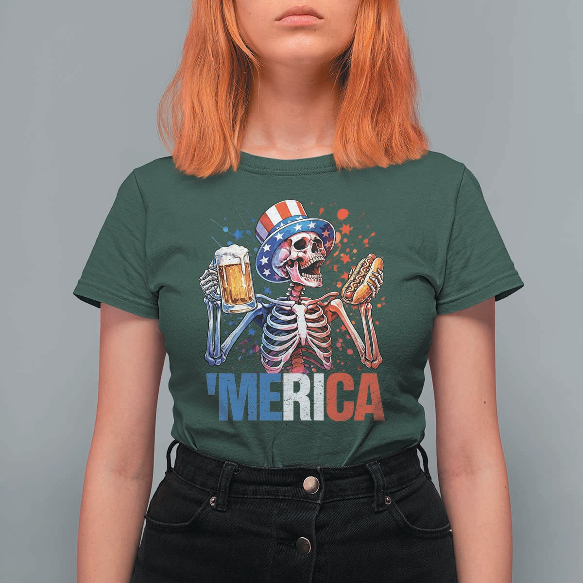 Red White And Blue Skeleton Party T Shirt For Women American Freedom Vibes