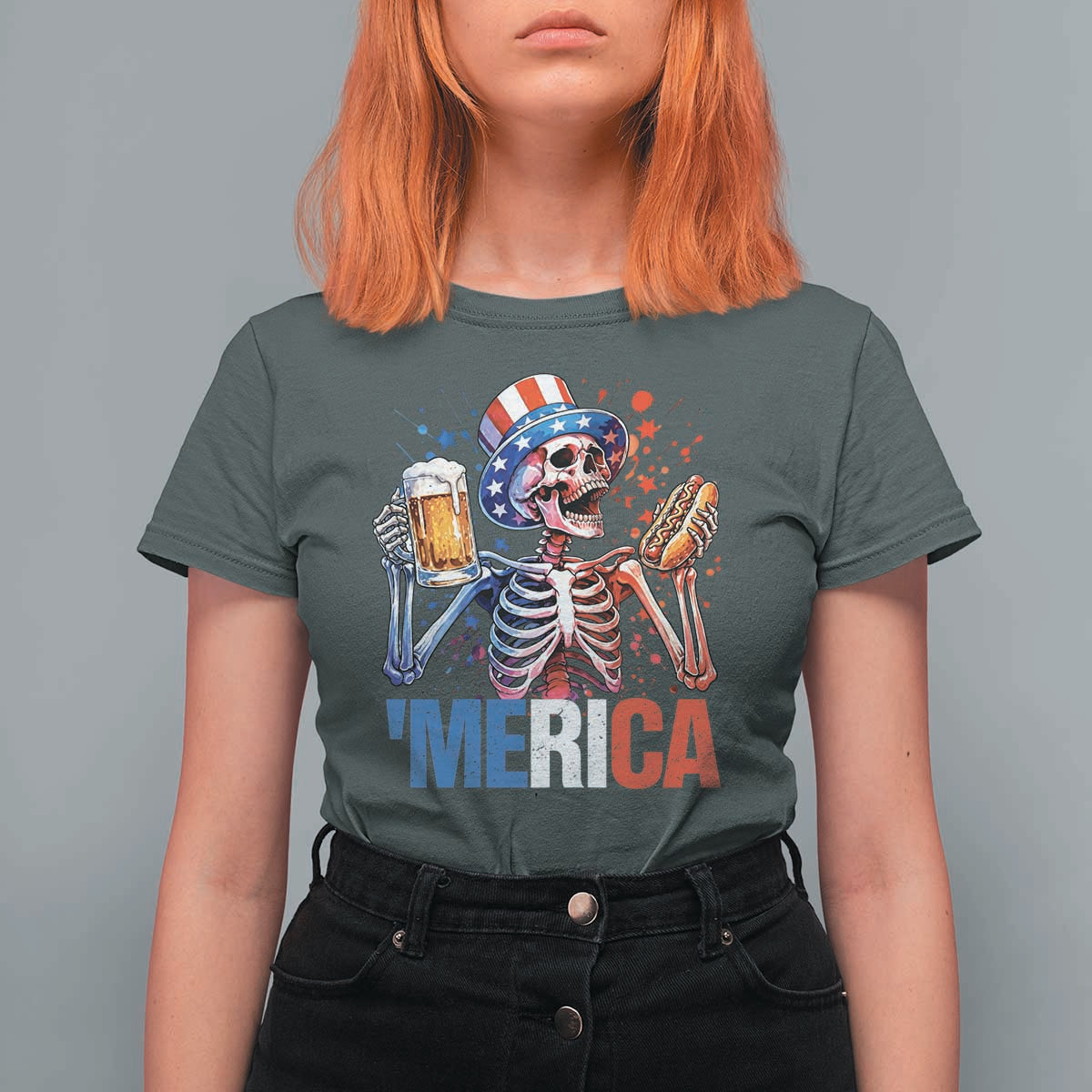 Red White And Blue Skeleton Party T Shirt For Women American Freedom Vibes