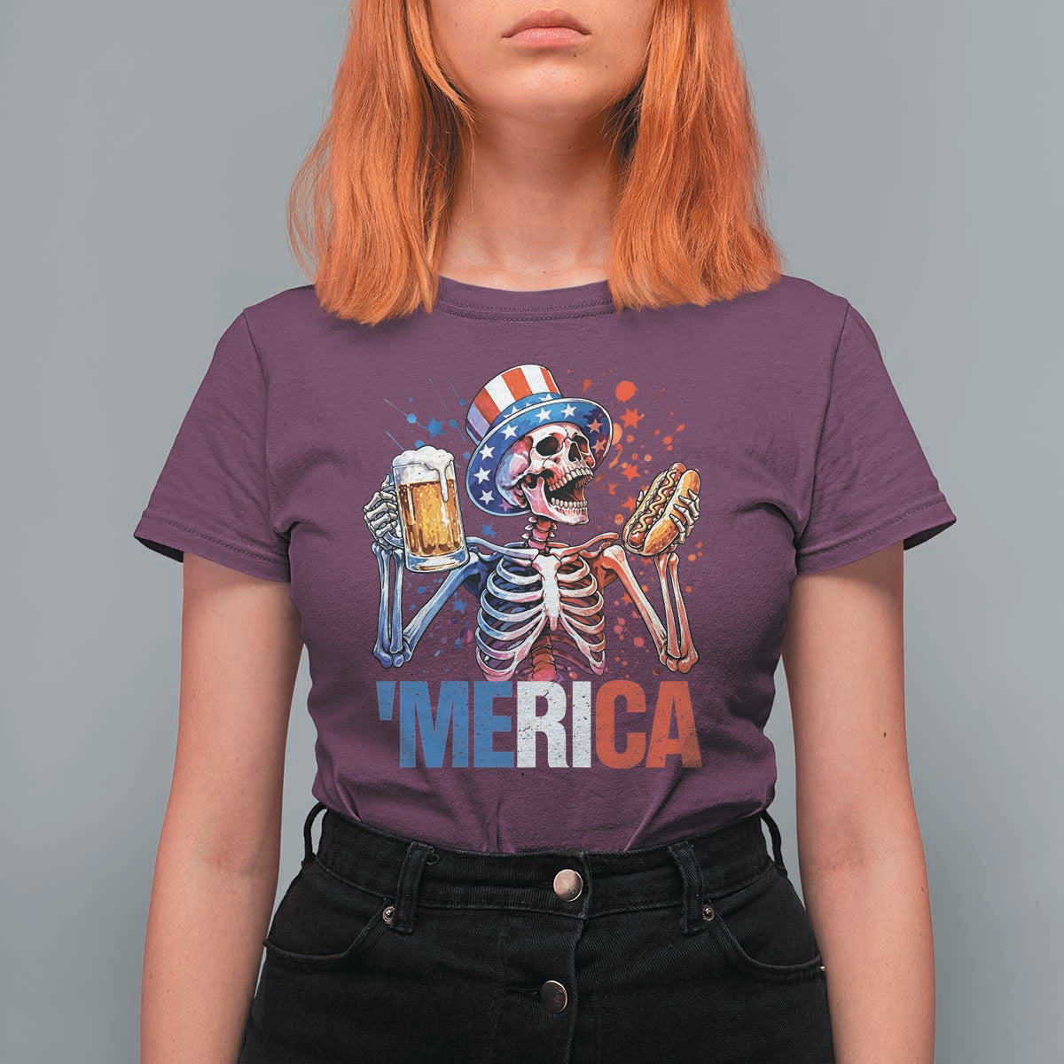 Red White And Blue Skeleton Party T Shirt For Women American Freedom Vibes