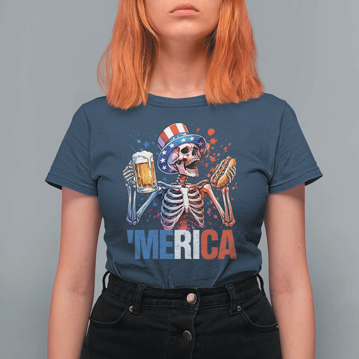 Red White And Blue Skeleton Party T Shirt For Women American Freedom Vibes