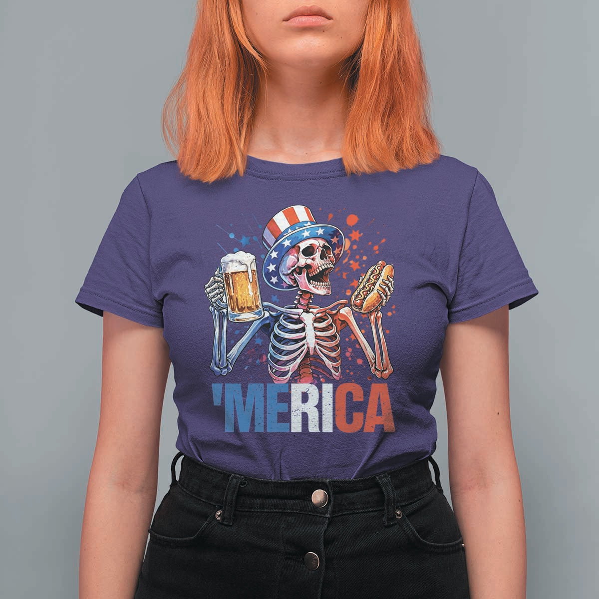 Red White And Blue Skeleton Party T Shirt For Women American Freedom Vibes