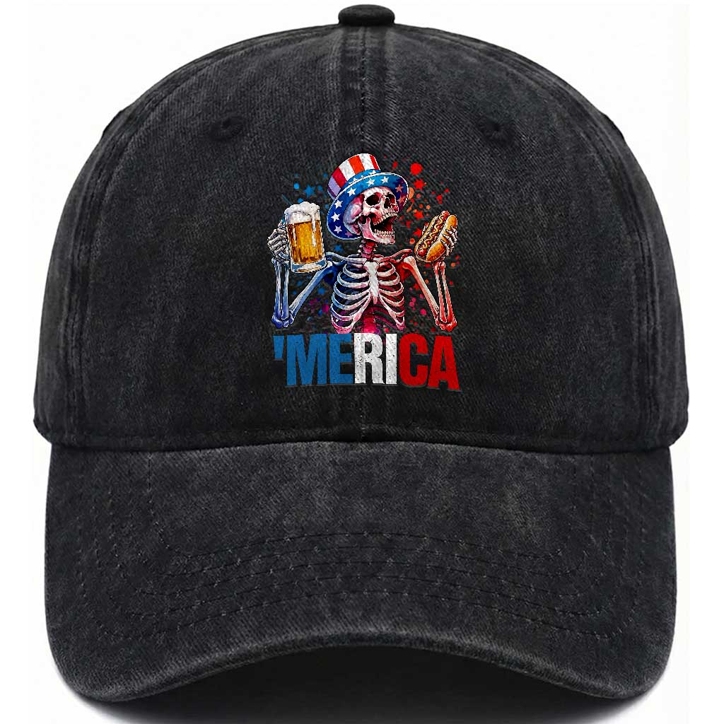Red White And Blue Skeleton Party Washed Cotton Baseball Cap American Freedom Vibes