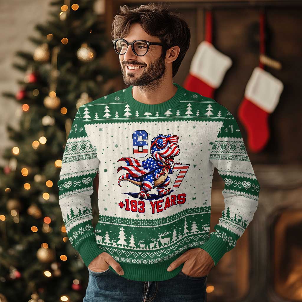 Funny 67 Meme Dinosaur American Pride Ugly Christmas Sweater USA 250th Anniversary