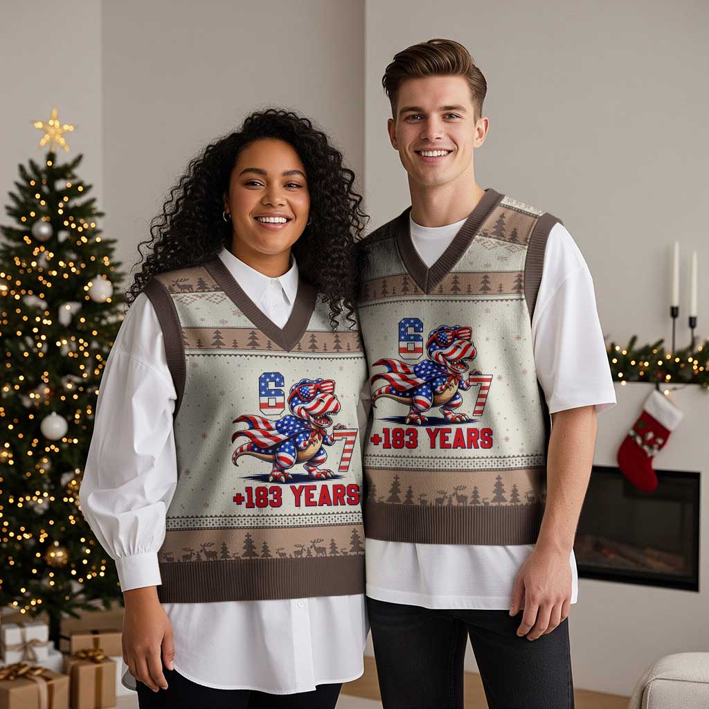 Funny 67 Meme Dinosaur American Pride V-Neck Knit Sweater Vest USA 250th Anniversary