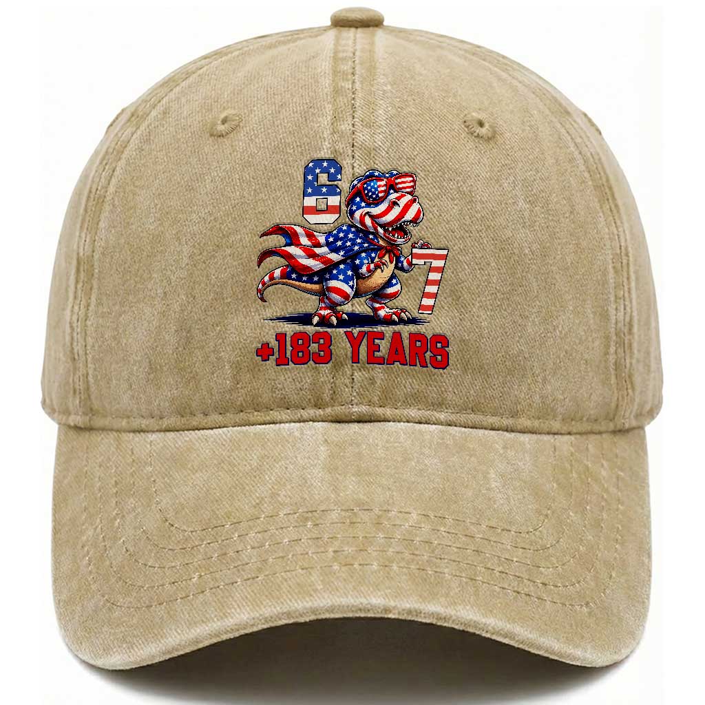 Funny 67 Meme Dinosaur American Pride Washed Cotton Baseball Cap USA 250th Anniversary