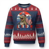 Red White Blue Dinosaur Pride Ugly Christmas Sweater Let Freedom Rawr