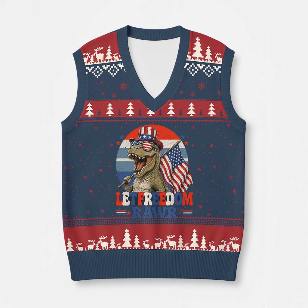 Red White Blue Dinosaur Pride V-Neck Knit Sweater Vest Let Freedom Rawr