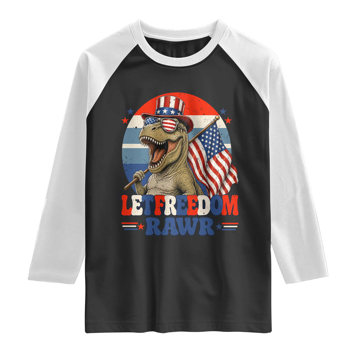 Red White Blue Dinosaur Pride Raglan Shirt Let Freedom Rawr