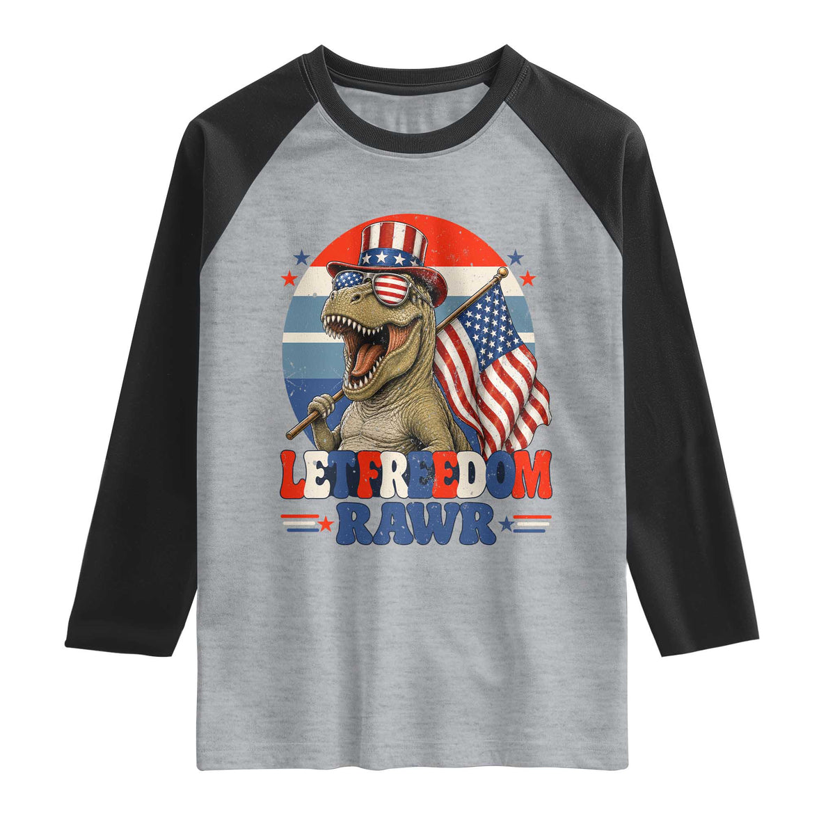 Red White Blue Dinosaur Pride Raglan Shirt Let Freedom Rawr