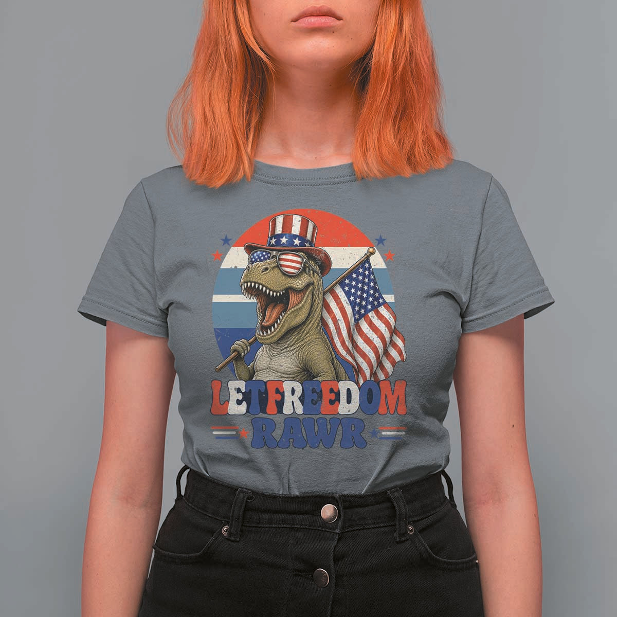 Red White Blue Dinosaur Pride T Shirt For Women Let Freedom Rawr