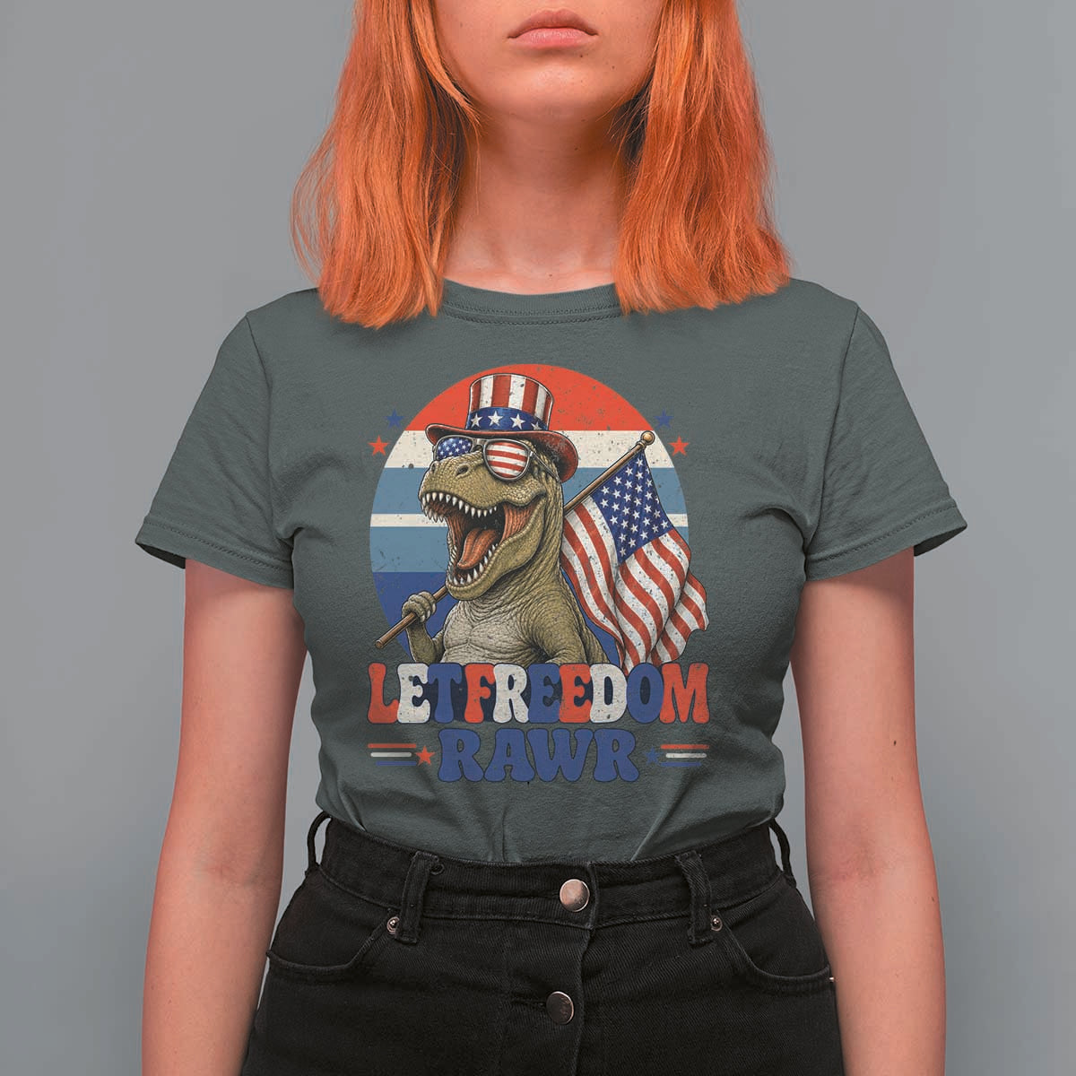 Red White Blue Dinosaur Pride T Shirt For Women Let Freedom Rawr