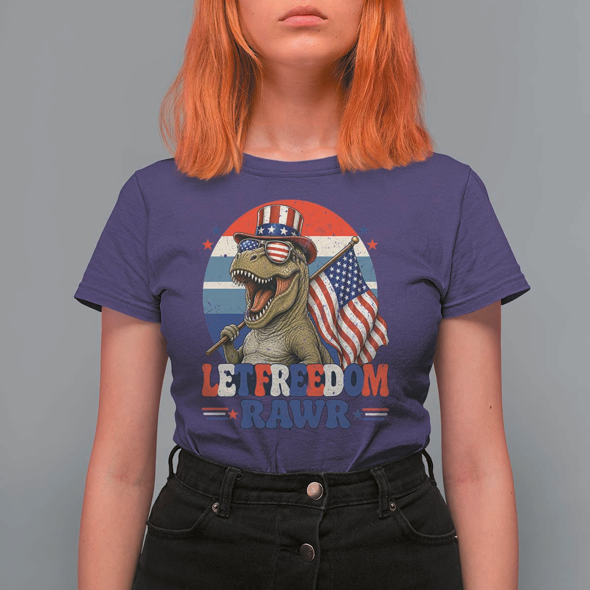 Red White Blue Dinosaur Pride T Shirt For Women Let Freedom Rawr