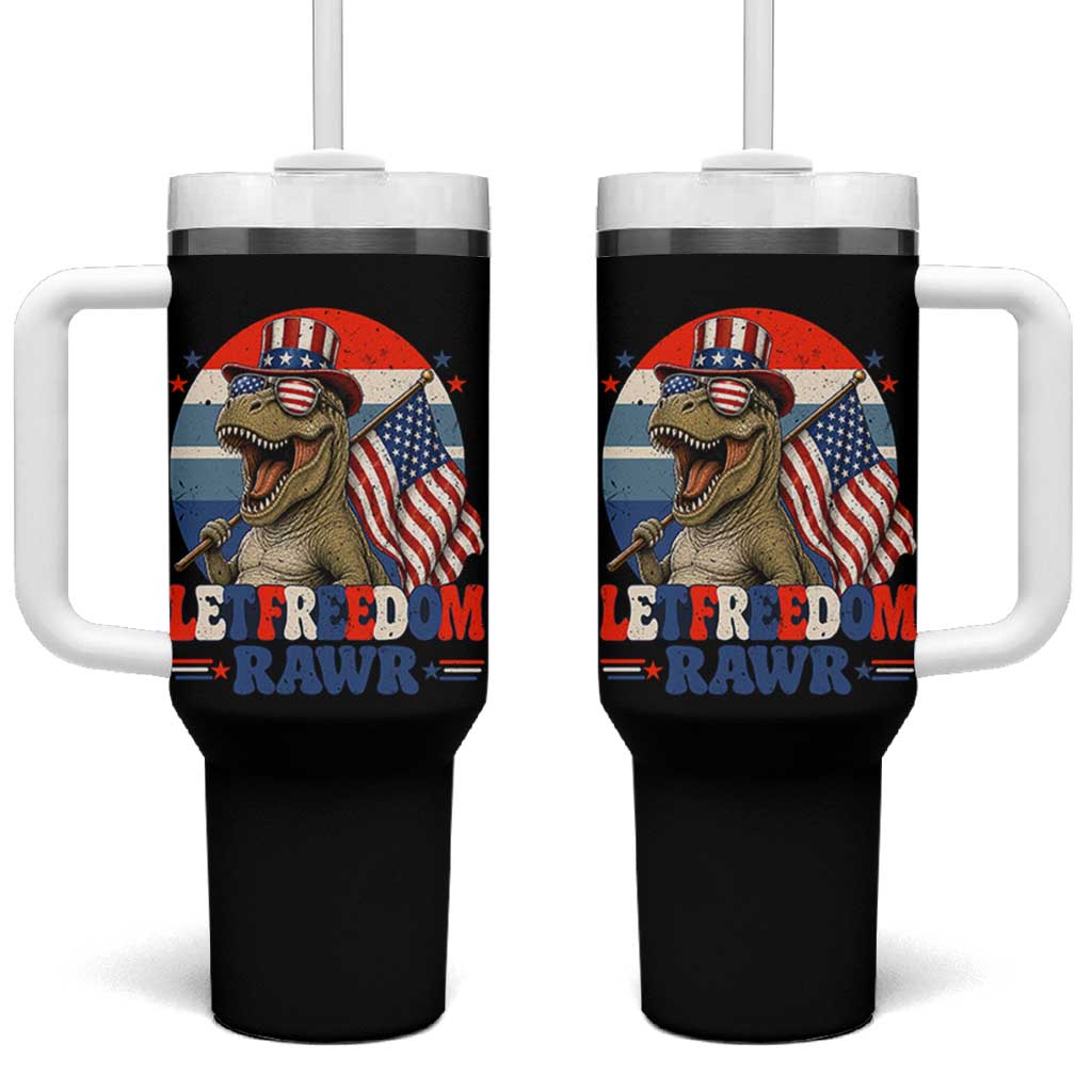 Red White Blue Dinosaur Pride Tumbler With Handle Let Freedom Rawr