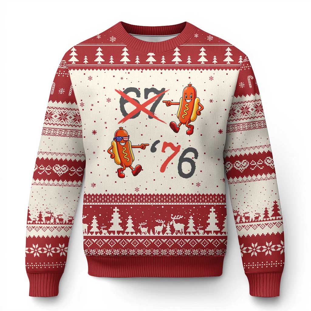Funny 67 Meme Hot Dog Lover Ugly Christmas Sweater USA 250 BBQ Celebration