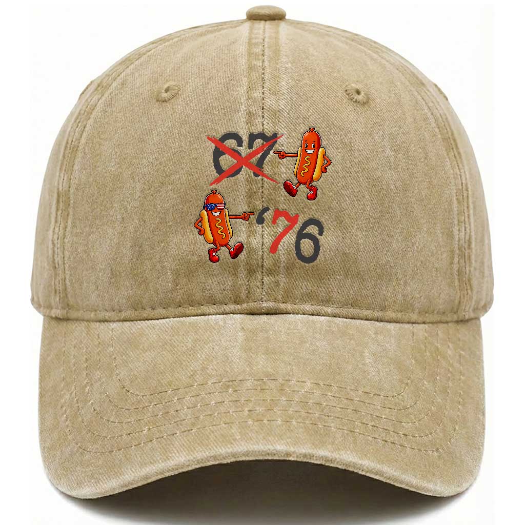 Funny 67 Meme Hot Dog Lover Washed Cotton Baseball Cap USA 250 BBQ Celebration