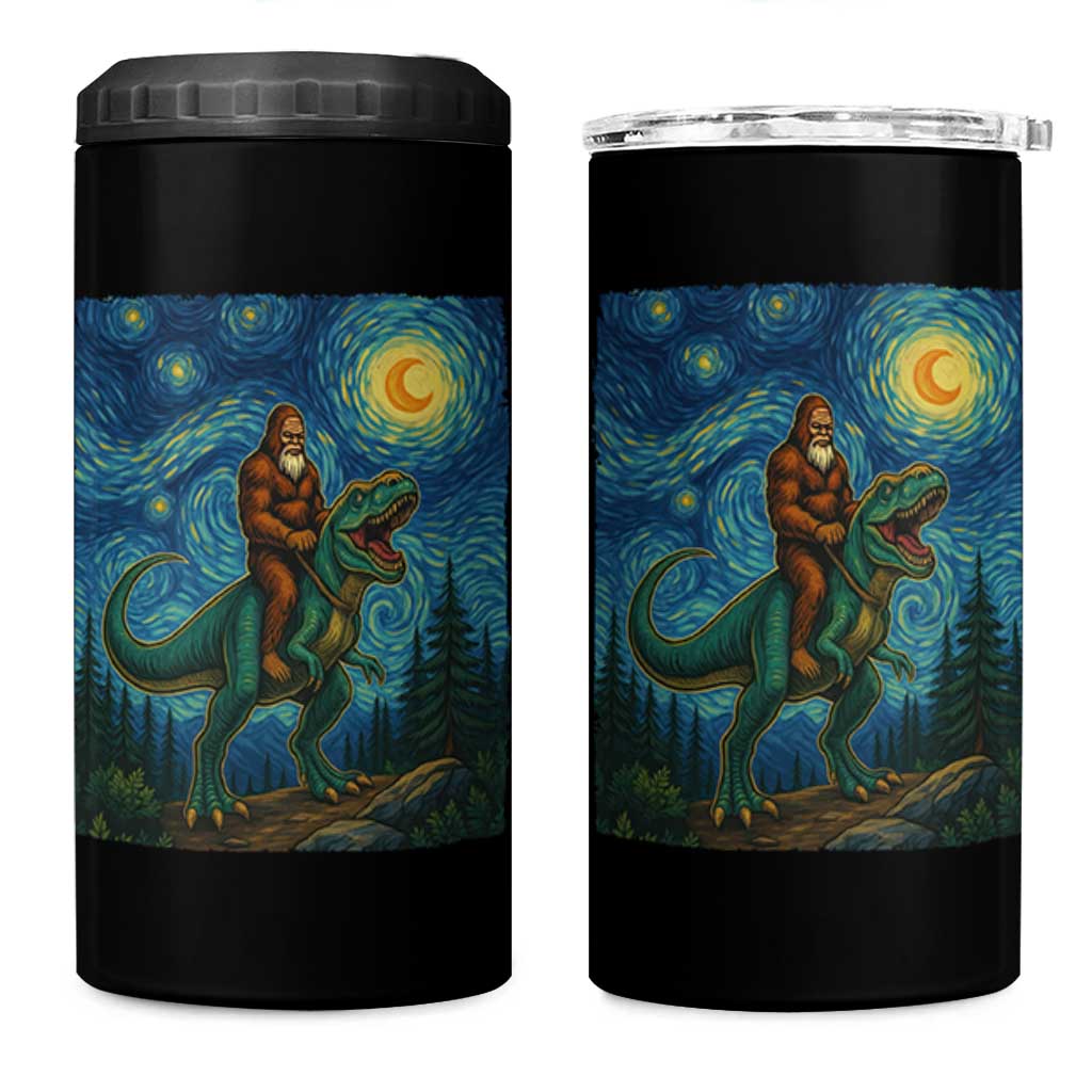 Bigfoot Dinosaur 4 in 1 Can Cooler Tumbler Funny Prehistoric Starry Night Van Gogh